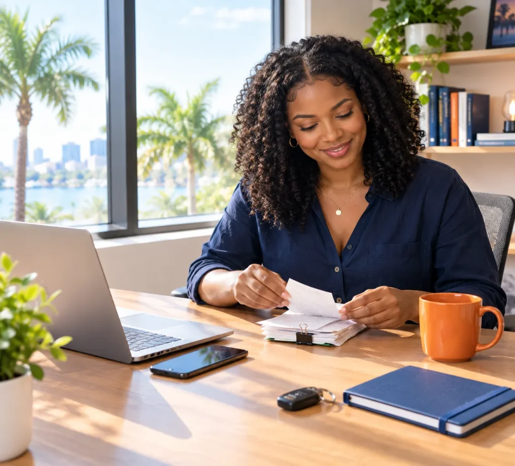 Self-employed professional organizing receipts and records for 1099 tax preparation in Orlando