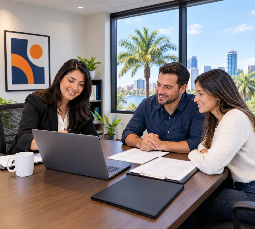 Tax preparer reviewing a tax return with a couple at her Orlando, Florida office