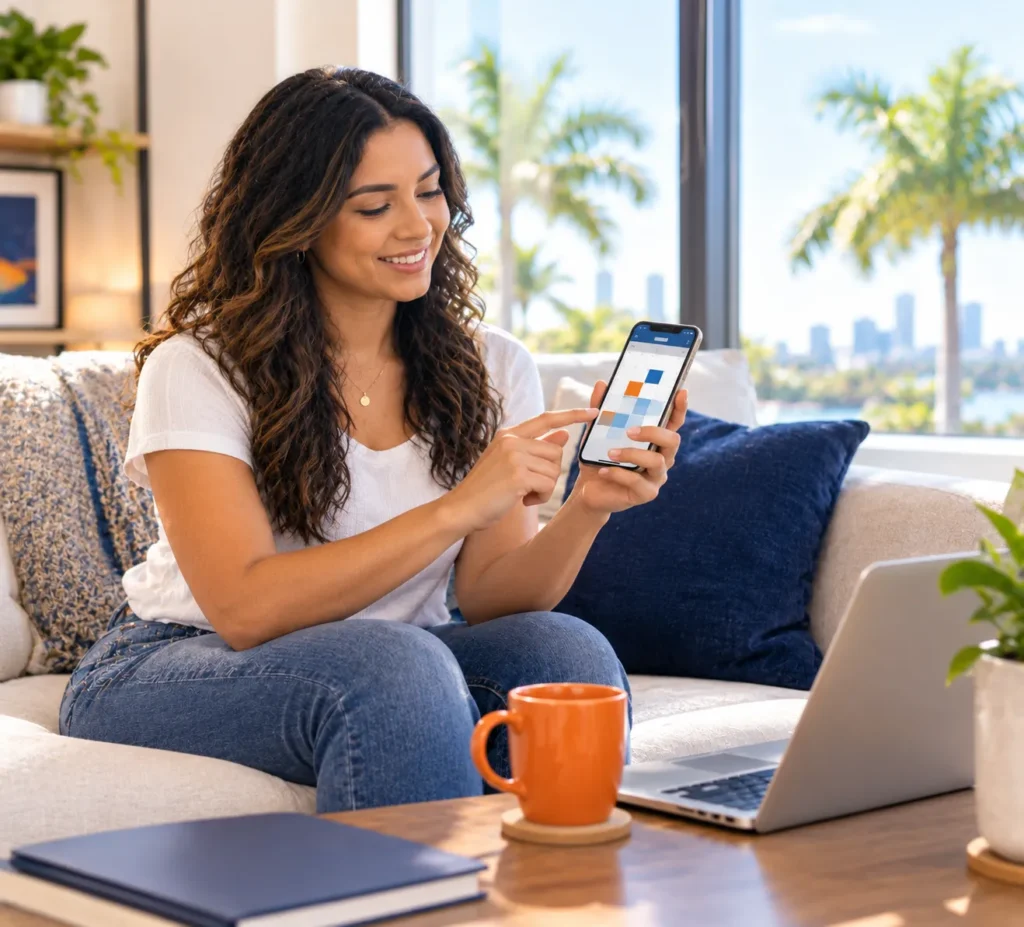 Woman scheduling a tax preparation appointment on her phone at home in Orlando, Florida