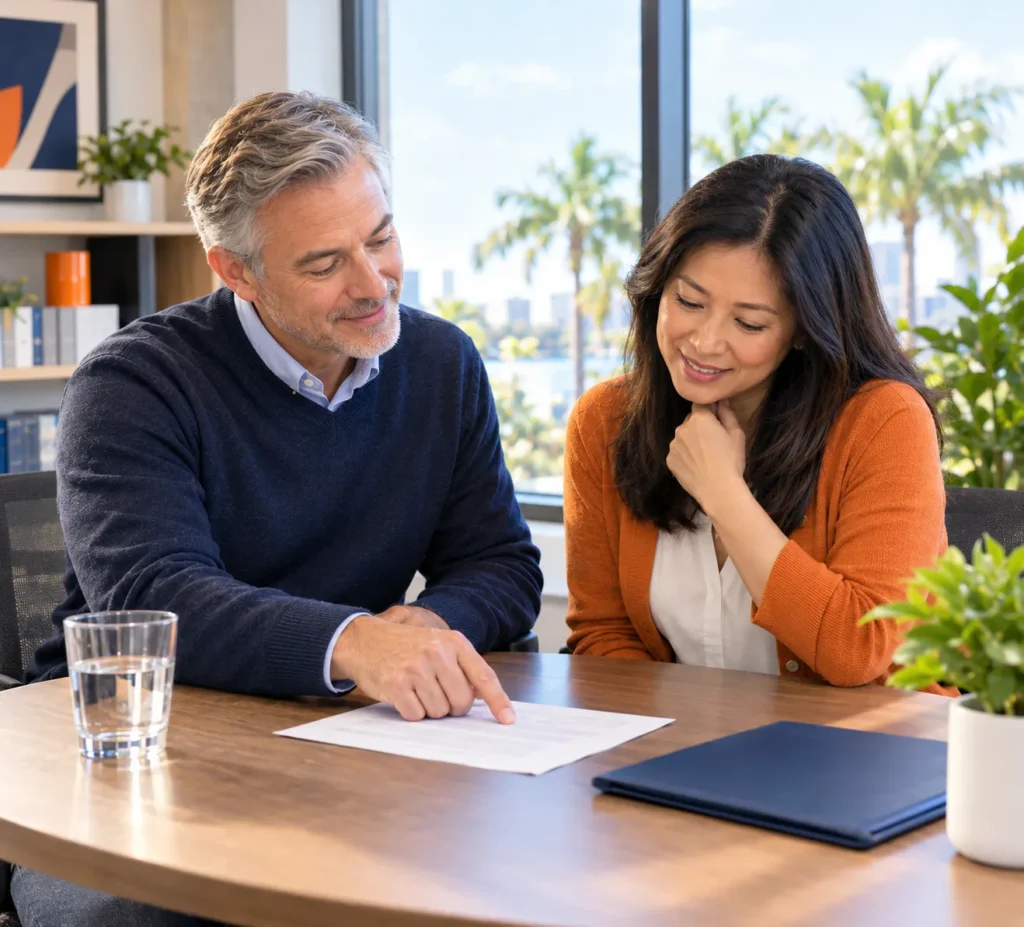 Tax preparer reviewing an IRS notice with a client at a desk in Orlando, Florida