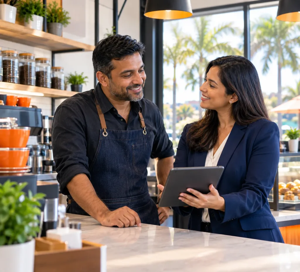 Tax preparer reviewing finances on a tablet with a small business owner in Orlando