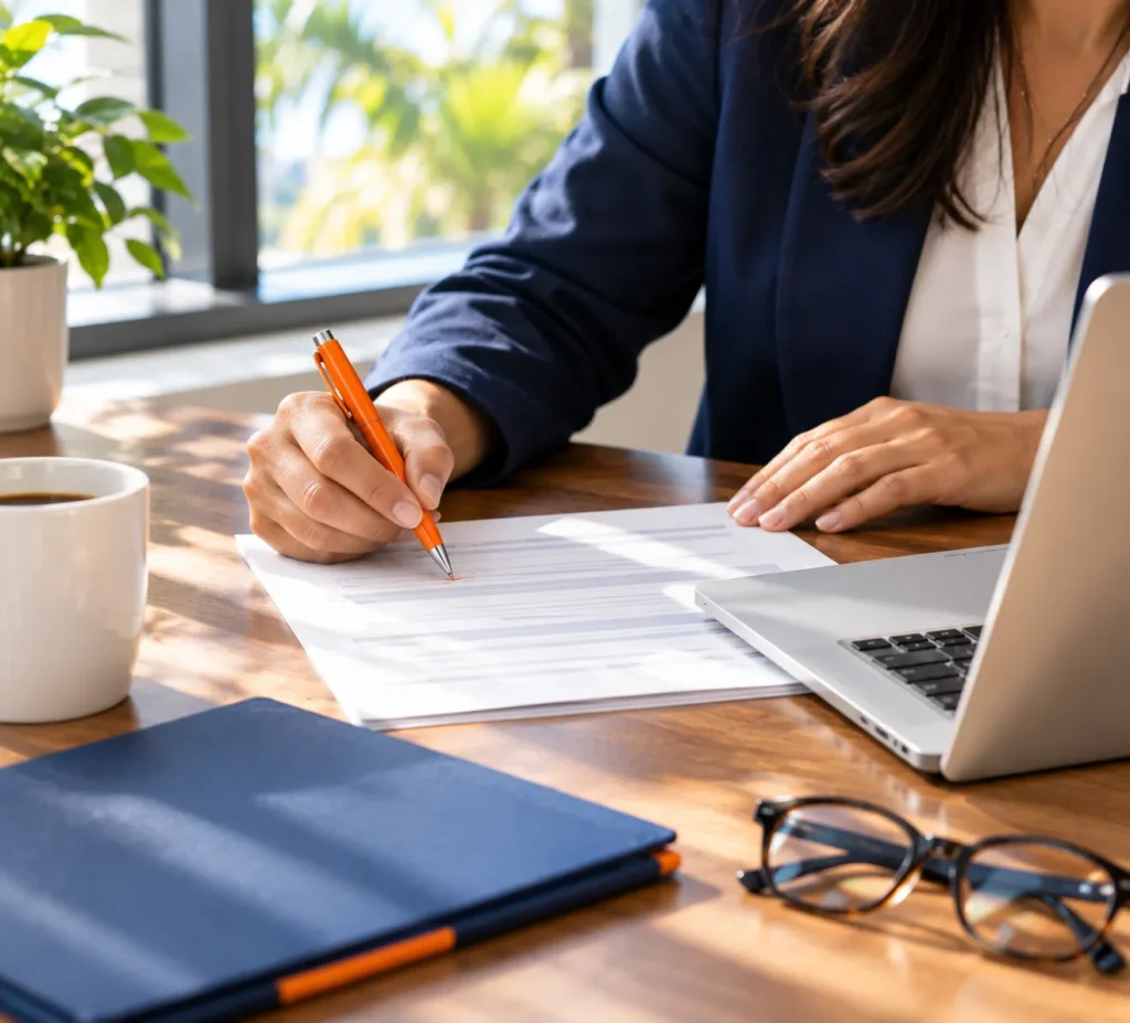 Person signing an amended tax return form with a pen, laptop and glasses on a desk