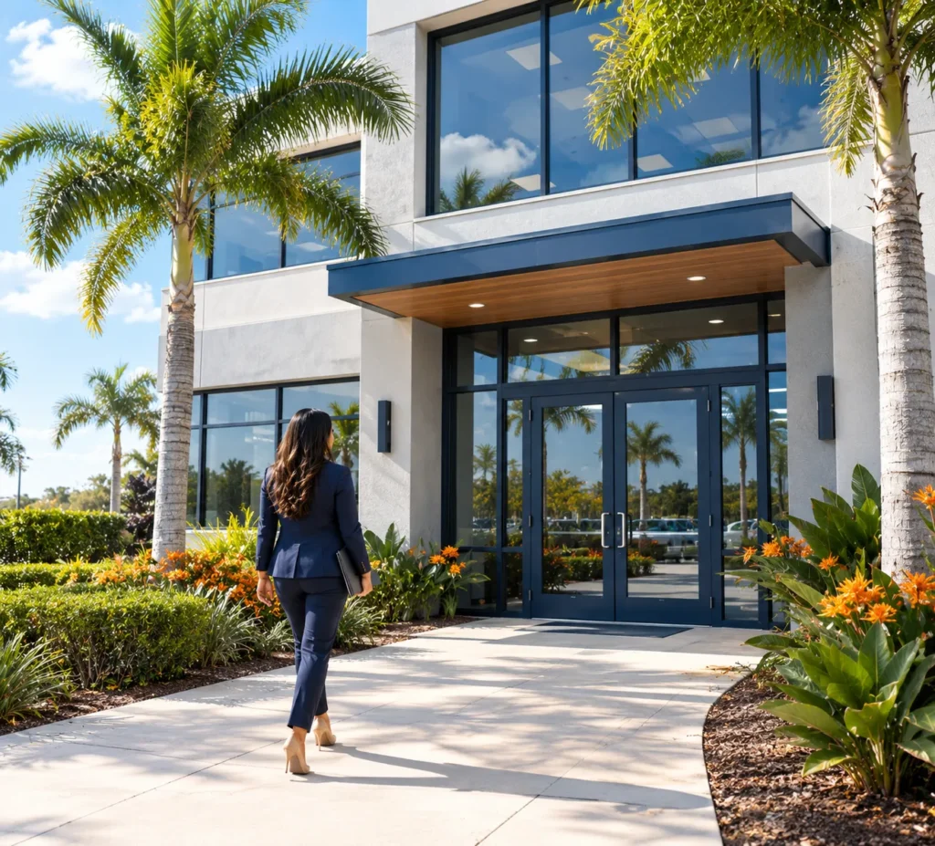 Tax preparation office entrance with palm trees and a professional walking in, Orlando, Florida
