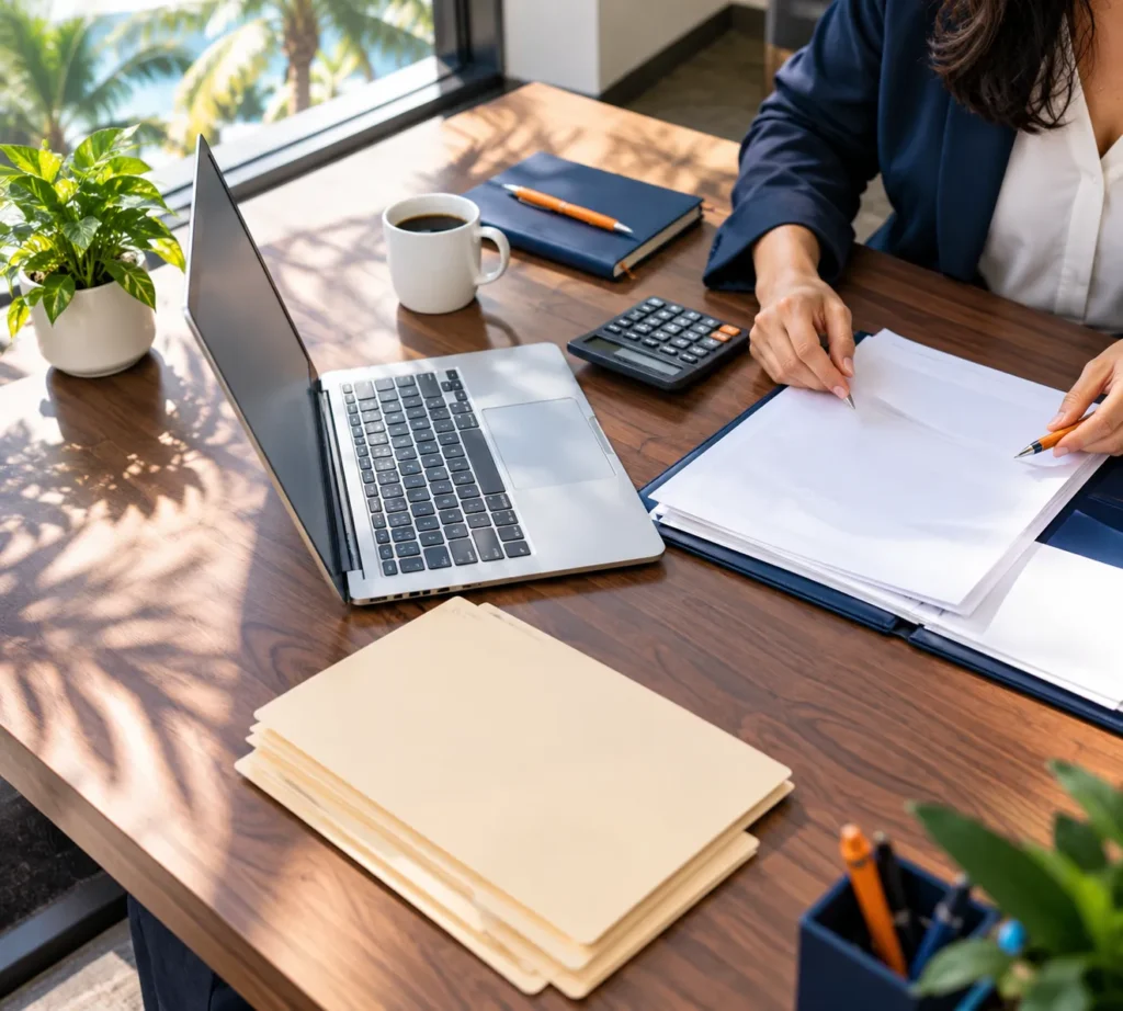 Tax documents, folders, calculator and laptop on a desk during tax preparation in Orlando